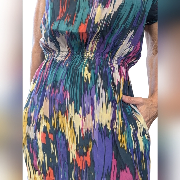 Women's SILK Cap Sleeve Multicolor Abstract Party Blouson Mini Dress Size M - Picture 15 of 15